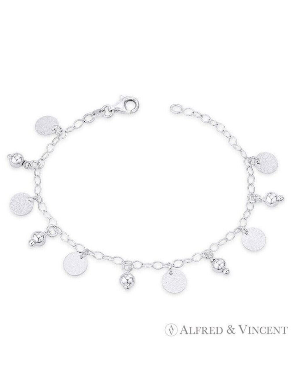 Flat Disc, Ball Bead & Oval Link Chain .925 Sterling Silver Charm Bracelet - 8"